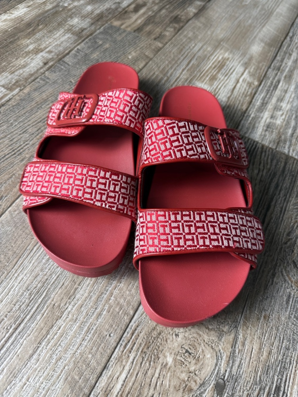 Tommy Hilfiger Red Double-Strap Logo Slide Sandals, 11M